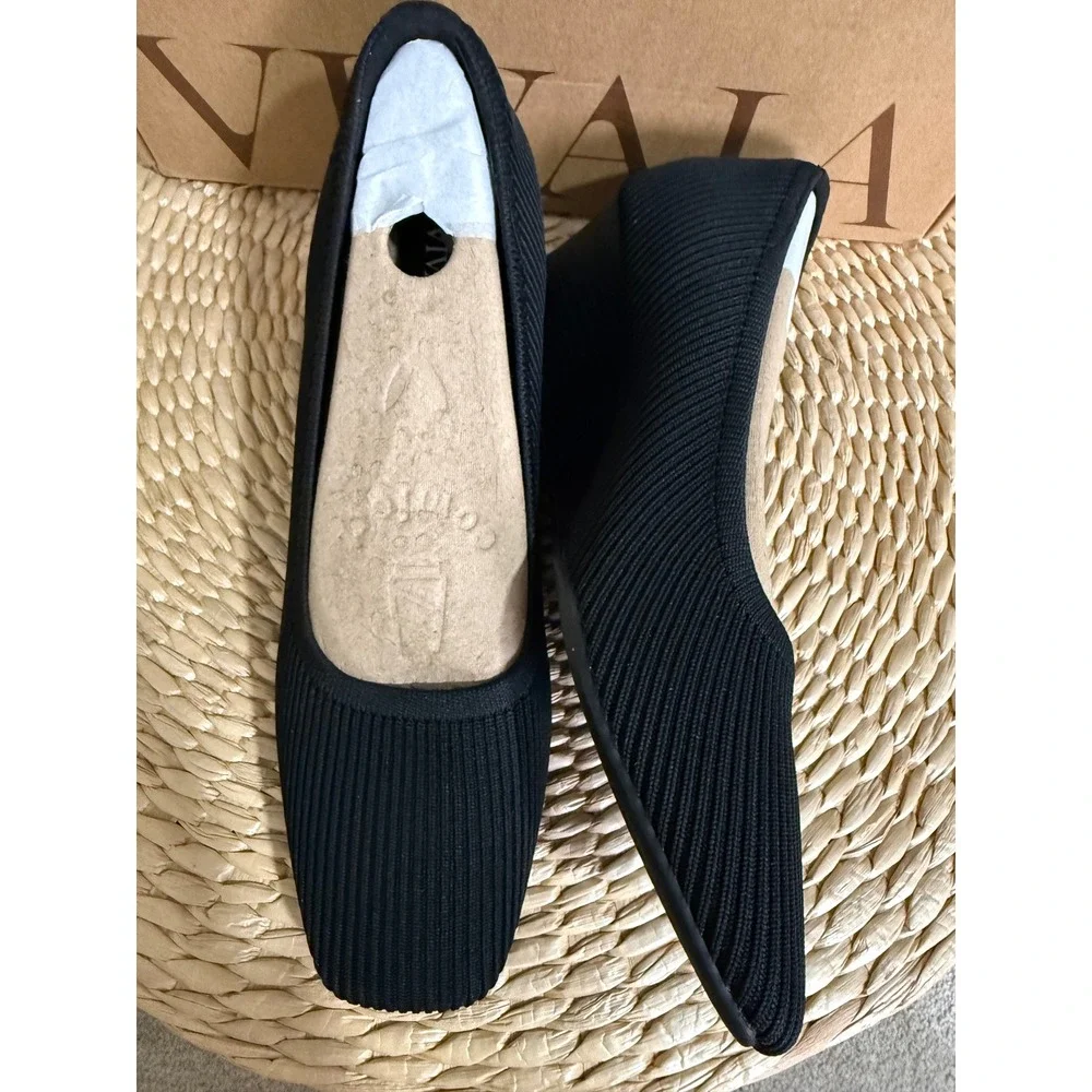 Vivaia Margot Square-Toe Wedge Pumps Black Knit Sustainable Shoes EU/39.5 US/8.5